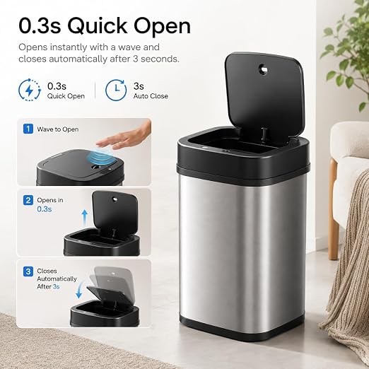 DZT-12-5 12L Stainless Steel Smart Waste Bin with Motion Sensor | Touchless Auto-Open Lid & Soft-Close for Bathroom, Kitchen & Office (Sliver)