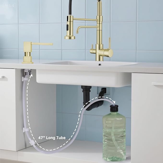 Soap Dispenser Square Built in Sink with 47'' Long Tube, Brushed Champagne Gold Brass Pump Head for Kitchen Sink with 17 oz Bottle