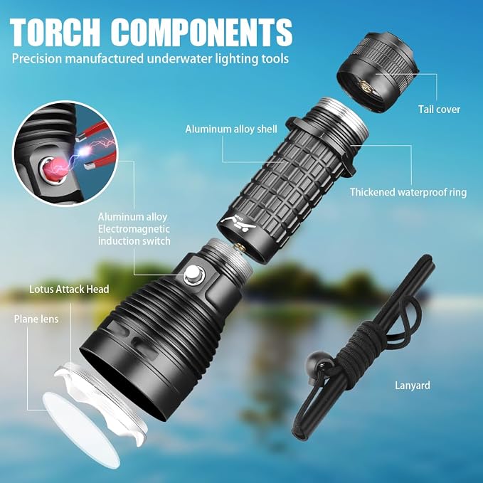 3000LM Diving Flashlight IPX8 Waterproof Scuba Light 3 Modes Rechargeable Underwater Light for Snorkeling, Ideal Gift for Divers and Underwater Sports Enthusiasts