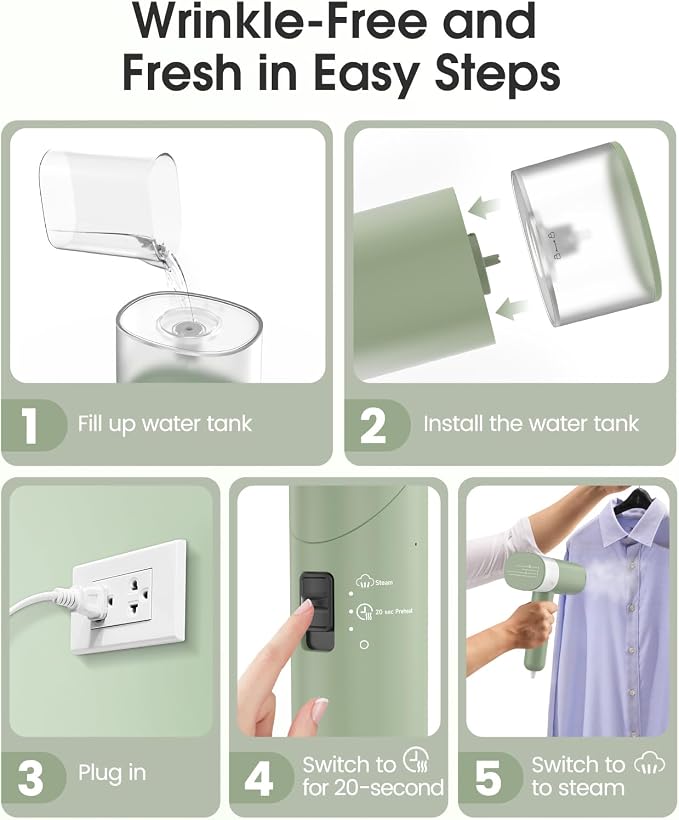 Handheld Steamer for Clothes, 1200W Foldable Travel Steamer, 20 Sec Preheat Garments Wrinkle Remover, 120V Portable Hand Iron with 150ml Water Tank, Clothes Steamer for Home Travel Green