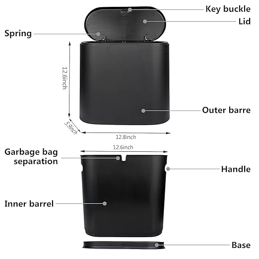 AIFUSI Trash Can, 10 Liter / 2.4 Gallon Plastic Slim Garbage Container Bin with Press Top Lid, White Waste Basket for Kitchen, Bathroom, Living Room, Office, Narrow Place（Black）