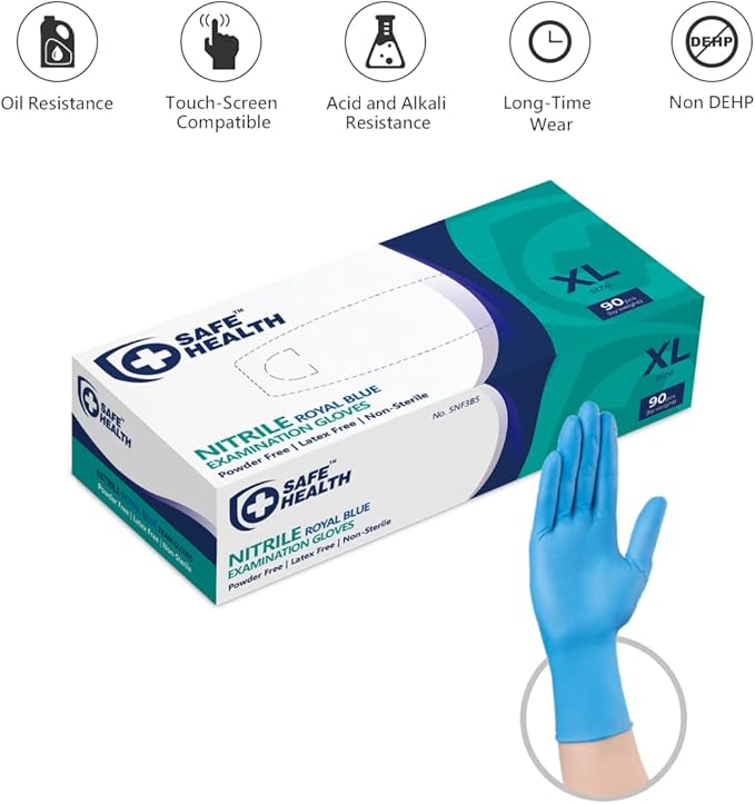 Safe Health Nitrile Exam Gloves – 4 mil, Latex-Free, Powder-Free, Disposable, Blue, Medical Grade, Food, Cleaning Use