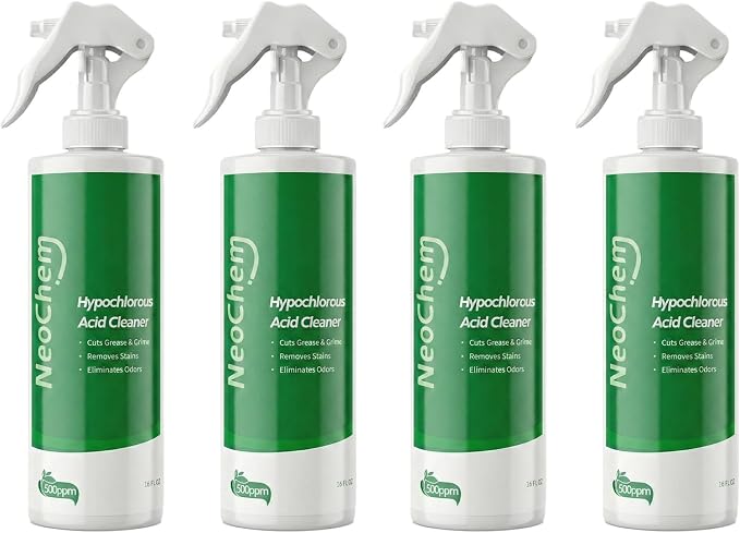 Hypochlorous Acid Spray For Cleaning, 500ppm Hypochlorous Acid,Cuts Grease, Removes Stains, Eliminates Odors - No Rinse, No Harsh Fumes, Biodegradable (16oz*4)