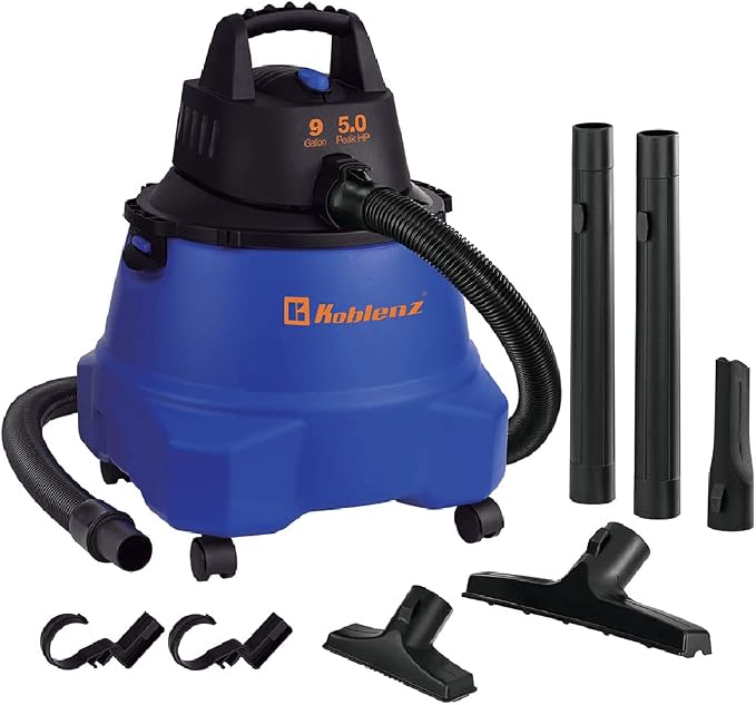 Koblenz WD-9 L212 Wet Dry Vacuum Cleaner, 9 Gallon, 5.0 PHP, 3-in-1 Suction & Blower, Big Vacuum Cleaners for Home, Heavy Duty Shop Vac, Click-N-Lock Hose, Swivel Casters, Black/Blues