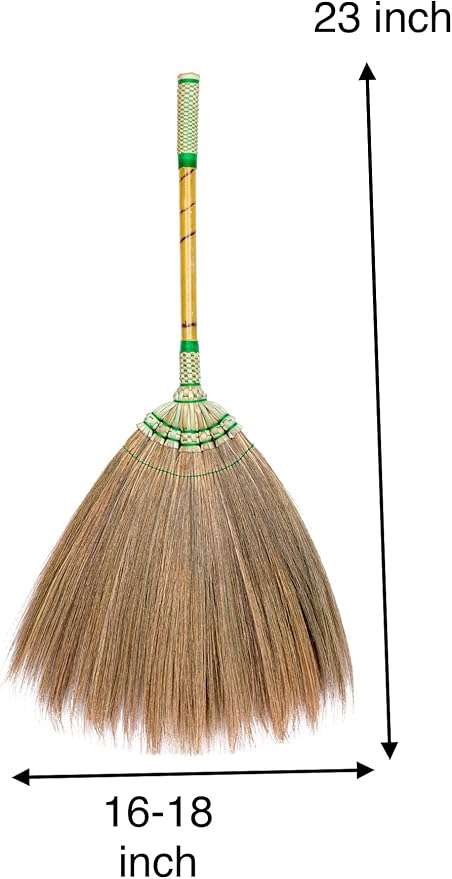 (Tiny Size) 23 inch Overall Tall x 16 inch Width of Asian Hand Broom Tiny Whisk Broom Bamboo Stick with Embroidery Woven Nylon Thread top and Bottom Handle Red or Green Color on Random