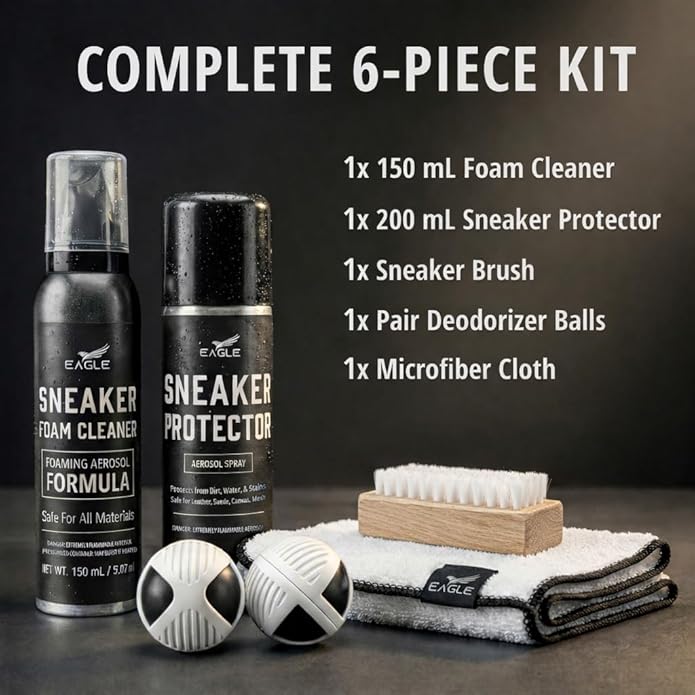 Eagle 6-in-1 Sneaker Cleaning Kit – Foam Shoe Cleaner & Sneaker Protector Spray with Brush, Microfiber Cloth & Deodorizer Balls – Shoe Care Kit for Sneakers & Tennis Shoes- Safe for all Materials