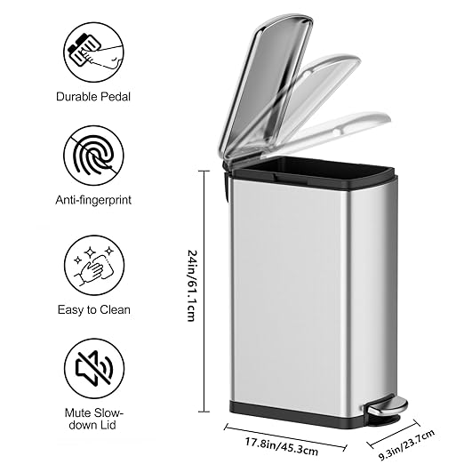 GarveeHome 8 gal Slim Rectangular Stainless Steel Trash Can with Soft Close Lid and Removable Bucket for Kitchen, Bathroom, Office, Silver