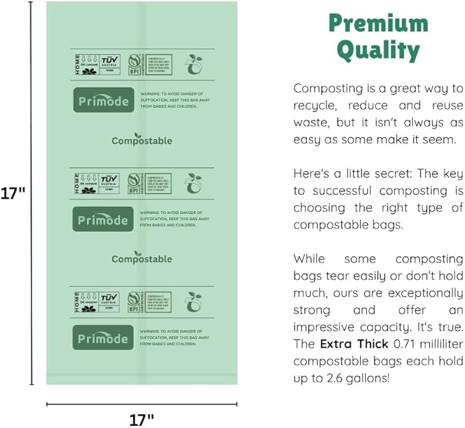 Compost Bags, Compostable Trash Bags 3 Gallon Compostable Bags 200 Count Small Compost Bags for Countertop bin Extra Thick 0.71 Mil. ASTM D6400 Certified By BPI and TÜV AUSTRIA (3 Gallon, 200 Units)