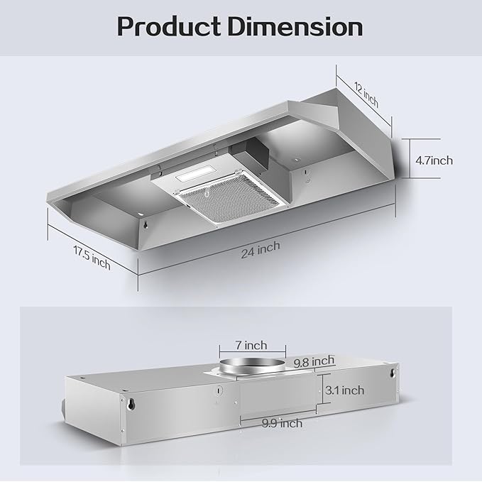 24 inch Range Hood Under Cabinet, Stainless Steel Kitchen Hood 280CFM, Ducted/Ductless Vent Hood with Rocker Button Control, Stove Hood with 2 Speeds Fan, Bright LED Light
