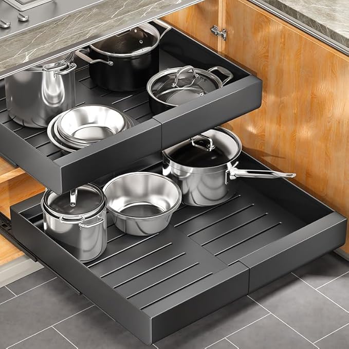 Pull out Cabinet Organizer, Expandable(12"-20") Heavy Duty Slide out Drawer Fixed with Adhesive Nano Film for Pots, Roll out Shelf Storage for Kitchen Base Cabinet Organization, Pantry, Bathroom