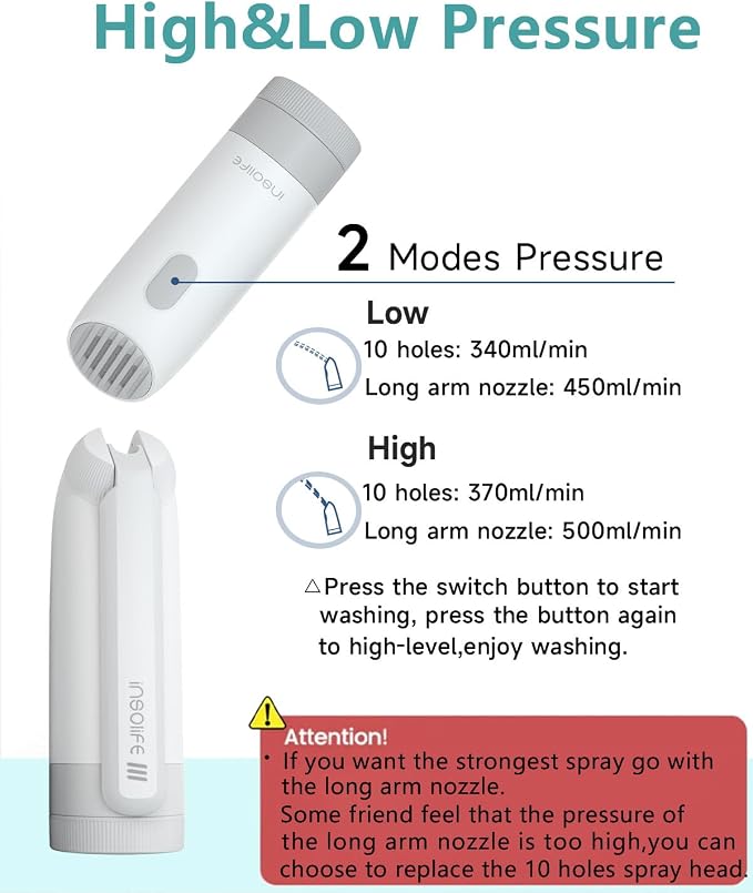 Insolife® Portable Bidet | High Pressure Travel Bidet 350ml | 2 Pressure Modes, IPX7 Waterproof, USB Rechargeable Personal Hygiene on Trip & Daily Use