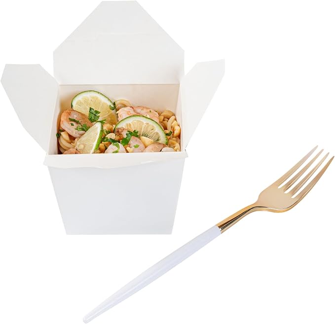 Restaurantware-Moderna 7.5 Inch Fancy Disposable Flatware, 50 Durable Plastic Flatware - With White Handle For Grip, Heavy-duty, Gold Plastic Forks, Easily Disposable Or Restaurants