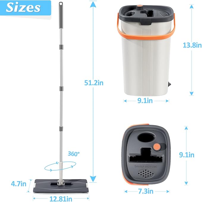 Lascpt Flat Mop and Bucket with Wringer Set, 3-Chamber Design Separates Dirty and Clean Water, Wet and Dry Use, Automatic Wringing Home Floor Wall Cleaning Mop, 4 Reusable Microfiber Mop Pads