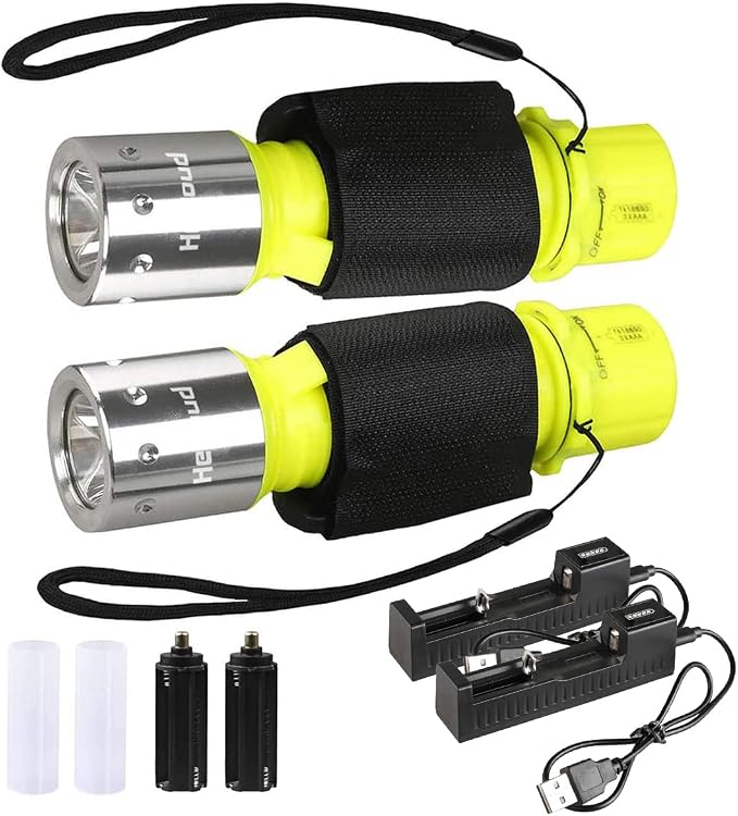 Diving Flashlight with Rechargeable Power Scuba Dive Light IPX8 Waterproof Underwater Flashlight Snorkeling Diving LED High Lumens Torch, 3 Modes with Charger for Underwater Sports(2Pack)