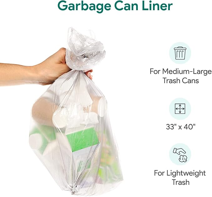 33 Gallon Clear Garbage Can Liners, 100 Count - 30-40 Gallon Large Trash Can Liners - High Density, Thin, Lightweight, 10 Microns - For Office, Home, Hospital, Wastebaskets -4 Coreless Rolls