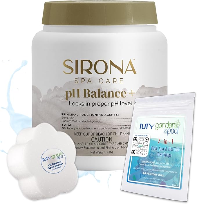 Sirona 82136 Spa pH Balance +, 3 LBS – Includes My Garden Pool 20 Ct. Test Strips & Scum Sponge – Stabilizes pH for Balanced, Clear Spa Water