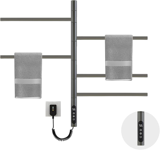 Electric Towel Warmer,5-Bar Rotating Heated Towel Rack,2-3 Minutes to 55°C/131°F,Wall Mounted Towel Warmer with Timer and Multi-Stage Temperature Regulation,Plug-in/Hard-Wired,Grey