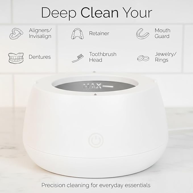 Ultrasonic Retainer Cleaner 48kHz – Dental Pod for Invisalign, Dentures & Mouth Guards – Deep Cleaning Machine for Retainers & Night Guards – 200ML Tank, One-Touch Operation – White