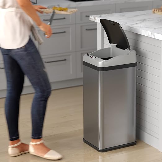 iTouchless Touchless Trash Can with AC Adapter and 10 Premium Bags, Odor Control System, Big Lid Opening Sensor Kitchen Garbage Bin, 13 Gallon, Stainless Steel, Platinum