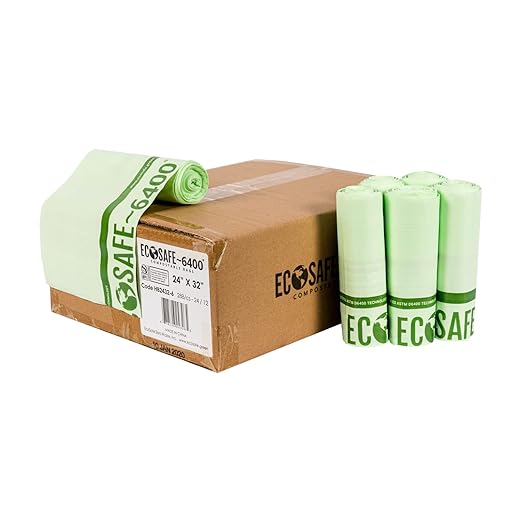 EcoSafe-6400 HB2432-6 Certified Compostable Bag - 24x32” Green Bags for 13 Gallon Bin - Extra Strong Leak, Puncture and Tear Resistant Food Scraps Bin Liners, Pack of 288