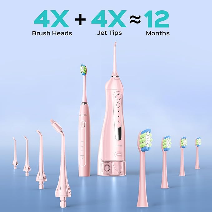 COSLUS C20 & C41 Portable Water Flosser with Electric Toothbrush Combo: 2-in-1 Oral Clean Kit for Teeth, Braces, Gums Care - Brushing & Flossing for Adults, Family, Travel Use, BPA-Free, Pink