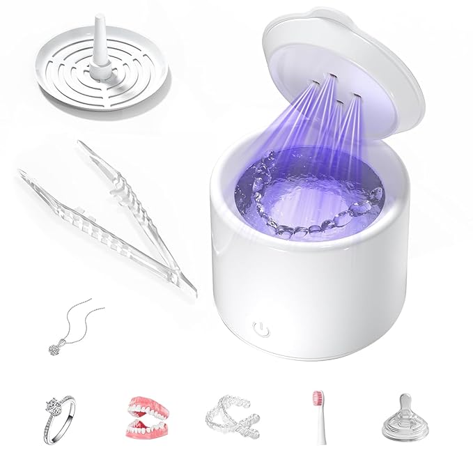 Ultrasonic Retainer Cleaner, 48kHz Denture Cleaner, Retainer Cleaning Machine for Denture, Retainer, Aligner, Jewelry, Mouth Guard, Brace, Toothbrush, Pacifier, Razor, 3 Modes Jewelry Cleaner-White