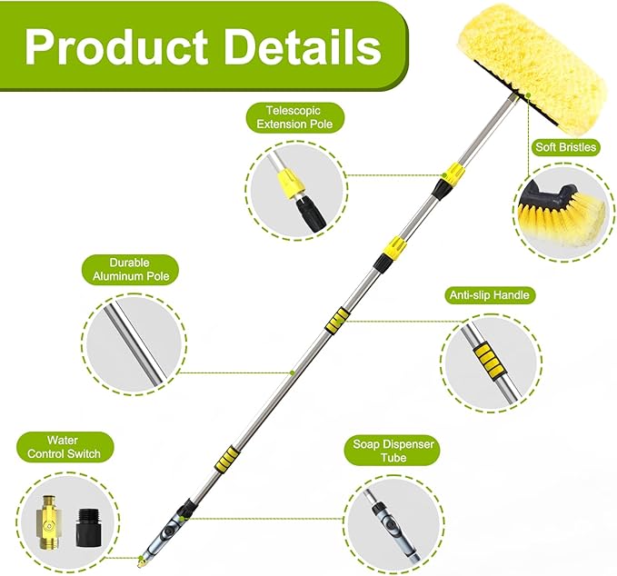 SISUPASSIE 12FT Car Wash Brush with Long Handle, Telescopic Car Wash Brush with Soap Dispenser, 12-Inch Soft Bristle Car Cleaning Brush for Cleaning Car, RV, Truck, Boat, Solar Panels, Yellow