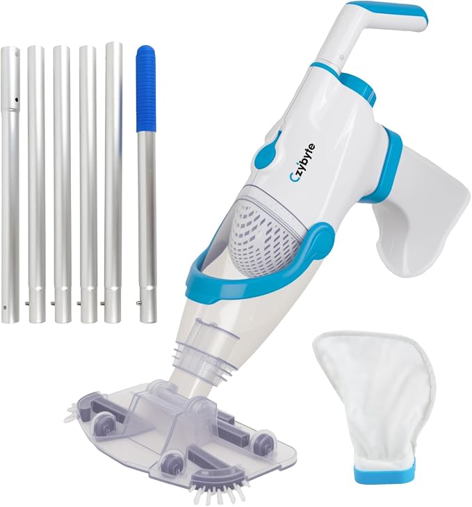 Handheld Pool Vacuum Cleaner, Rechargeable Pool Bottom Cleaner with Strong Suction, 1 H Runtime, 89 inchs Extension Pole,for Above Ground/Inground Pools, Spas and Hot Tubs, White and Blue