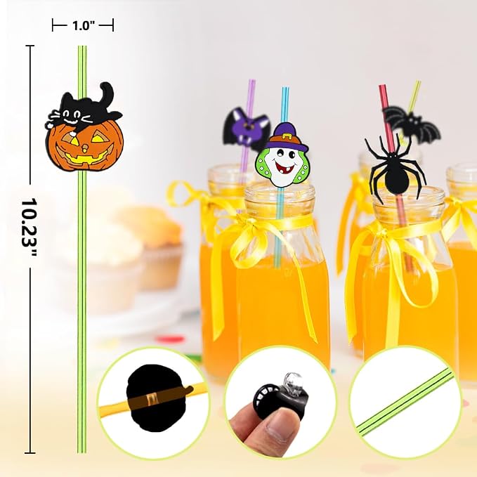 24pcs Halloween Party Favor Castle Bat Pumpkin Ghost Cat Witch Spider Pattern Reusable Straight Straws Party Favor Halloween Party Supplies with 2 Cleaning Brushes 6 Colors.