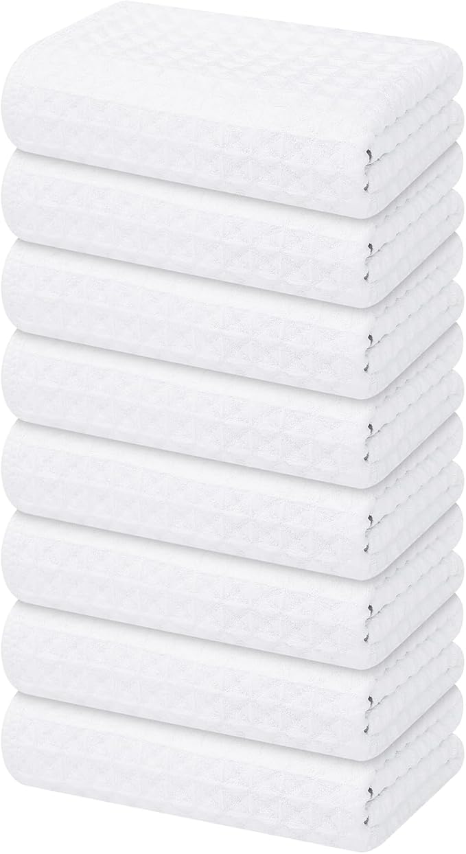 Homaxy Microfiber Waffle Weave Kitchen Towels, 16 x 28 Inch Ultra Absorbent and Solid Color Dish Towels, 8 Pack, White