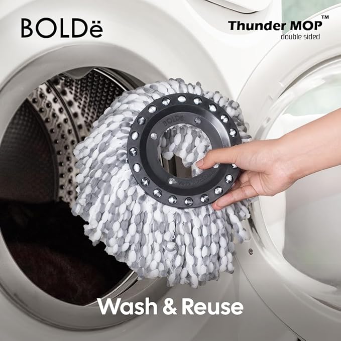 Thunder Mop Spin System - Double-Sided - 2 Compact Stackable 6L Buckets, Microfiber Head, Stainless Steel Wringer, Antifungal Quick-Dry Cleaning, Soap Dispenser, 3 Free Refills (Yellow/Blue)