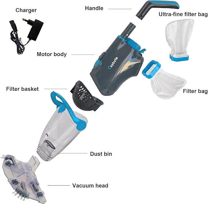 Handheld Pool Vacuum Cleaner, Rechargeable Pool Bottom Cleaner with Strong Suction, 1 H Runtime,for Above Ground/Inground Pools, Spas and Hot Tubs, Grey