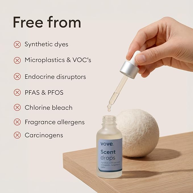 Vove Natural Hemp Dryer Balls Kit with Scent Drops - 4 Pack & Essential Oil Blend - 5X More Absorbent Than Wool - Natural Softener, Reduces Wrinkles and Static, Customizable Fresh Scent, Reusable