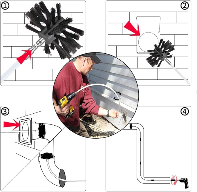 24 Feet Dryer Vent Cleaning Kit - Chrome Button Locking System - Dryer Vent Cleaner Kit With Vacuum Attachment, Nozzle, Hose and Adapter