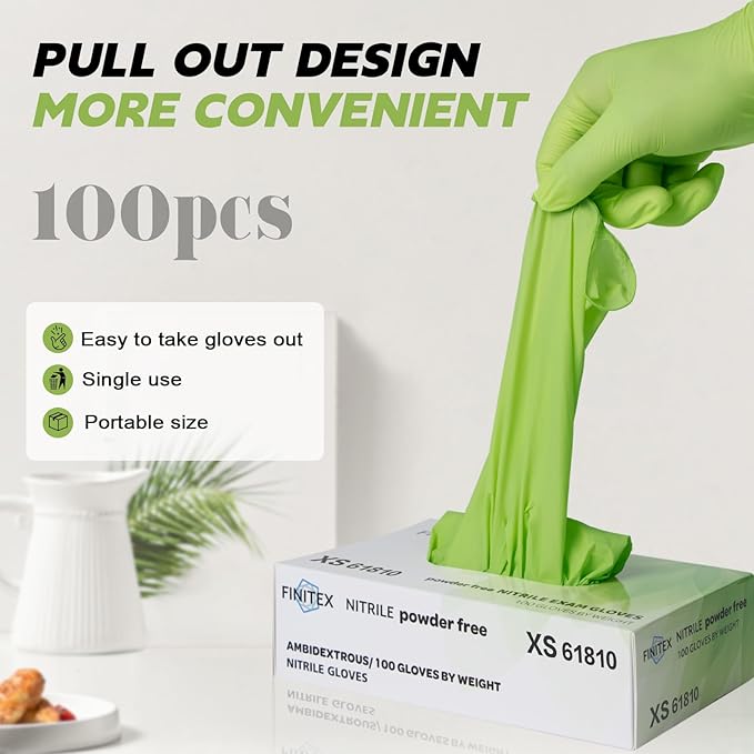 FINITEX Nitrile Disposable Gloves - Green 3.5mil 100/1000PCS Powder-Free Latex-Free Medical & Food Use