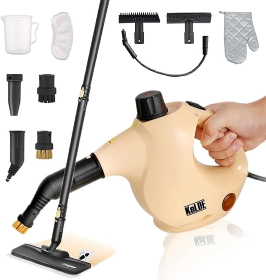 KeLDE 1300W Pressurized Handheld Steam Cleaner with Extension Rod, 12 Accessories, Multi-Surface Multi-Purpose Steam Mop for Deep Cleaning Home, Kitchen, Floor, Grout, Upholstery, Sofa, Carpet and Car