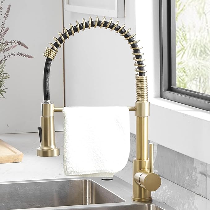 Kitchen Faucets with Pull Down Sprayer 304 Stainless Steel Industrial Single Handle One Hole Faucet for Farmhouse Camper Laundry Utility Rv Wet Bar Sinks Gold 9009K