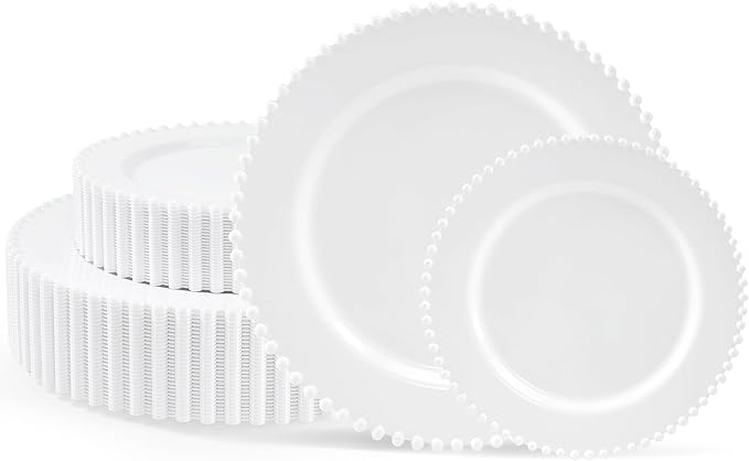 60PCS White Plastic Plates - Fancy Disposable Beaded Plates Include 30 Dinner Plate 10’’ & 30 Dessert Disposable Plate 7.5’’ for Birthday, Baby Shower Spring, Wedding & Party