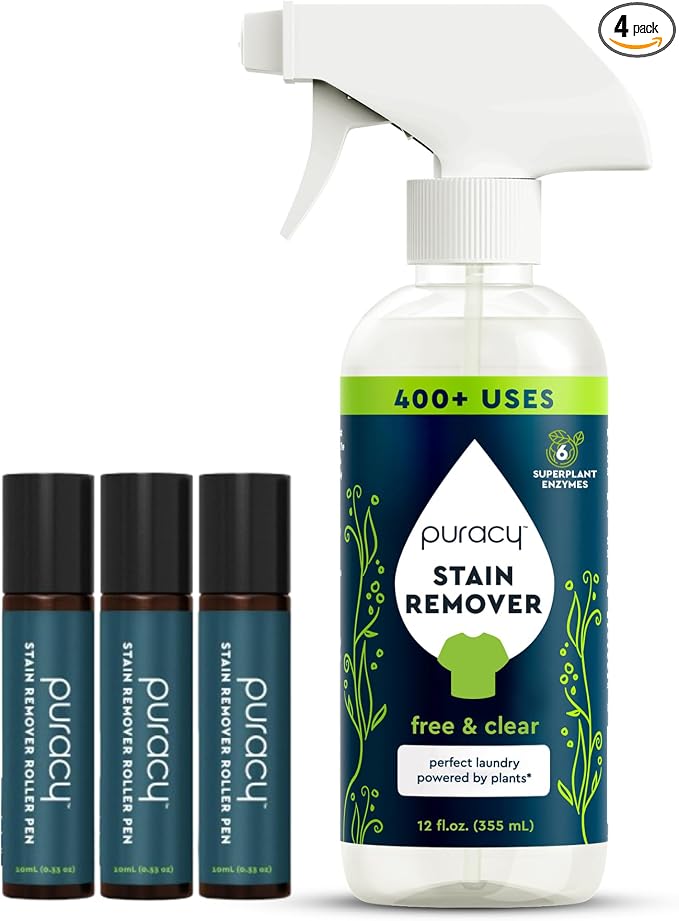 Puracy Stain Remover 12oz Bottle and 0.33oz 3-Pack Pen, Travel and Laundry Stain Cleaner for Clothes, Unscented