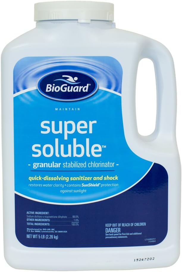BioGuard Super Soluble Chlorine, 5 lb, 1 Pack | Granular Stabilized Chlorinator, Quick-Dissolving, Restores Water Clarity & Contains Sunshield Protection