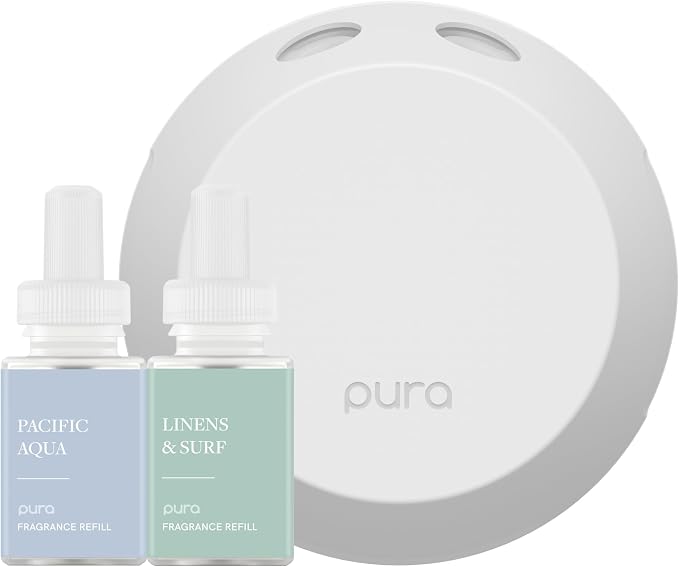 Pura Home Fragrance Device Starter Set - Pura 4 - Scent Diffuser for Home - Includes Fragrance Aroma Diffuser - Square Box, Pacific Aqua and Linens & Surf Scent Refills