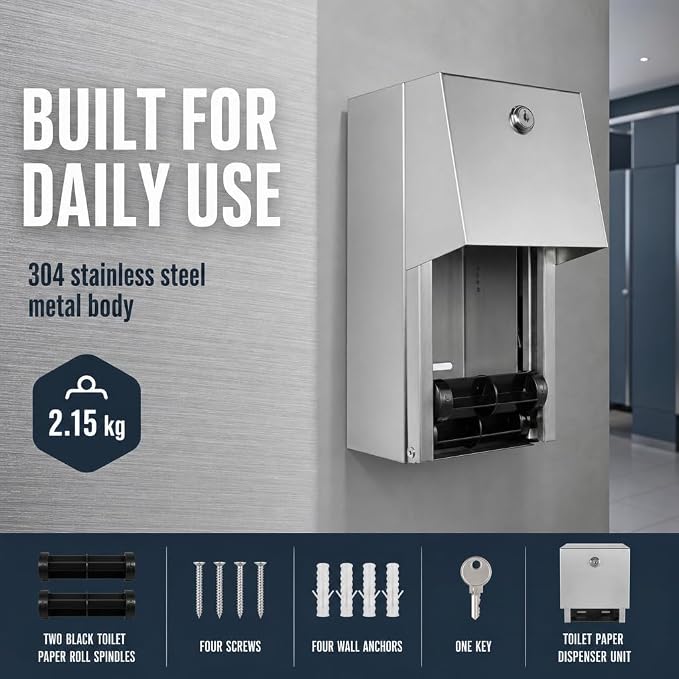 Commercial Toilet Paper Dispenser - 304 Stainless Steel Double Roll Holder - Heavy Duty Lockable Wall Mount Tissue Dispenser for Restroom - Metal Bathroom Fixtures