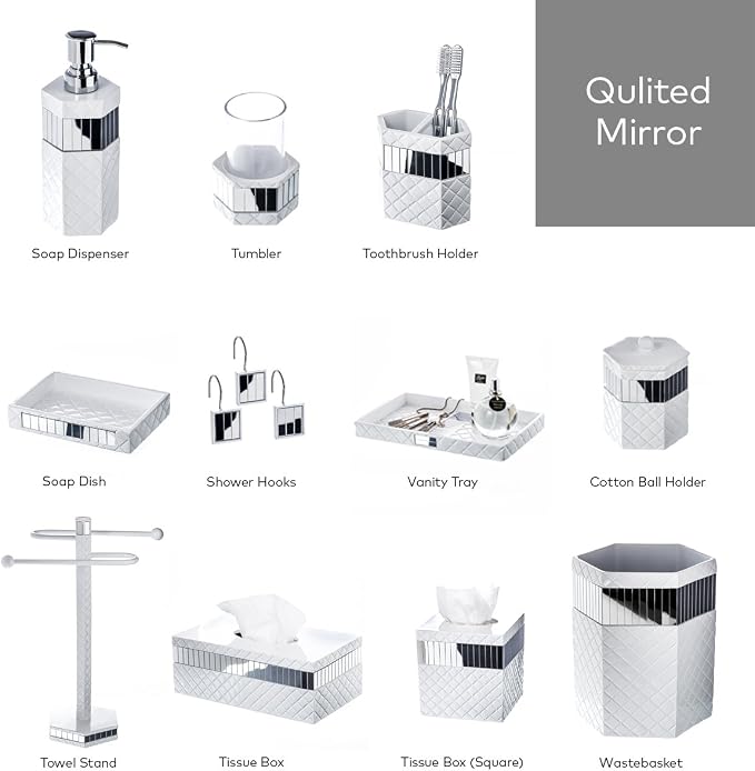 Creative Scents Quilted Mirror Q-Tip Holder, Decorative Bathroom Vanity Cotton Swab Holder Canister Jar With Lid for Cotton Balls, Durable Resin Cosmetic Pads & Swabs Container