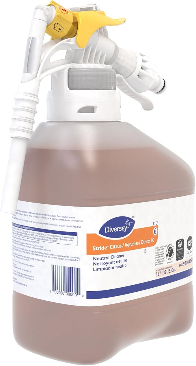 Diversey Stride Citrus Neutral Cleaner, RTD Dispensing System, 5 Liter | Low Foam, No Rinse, Film Free, Hard Surface Cleaner, Floor Care, Citrus Scent