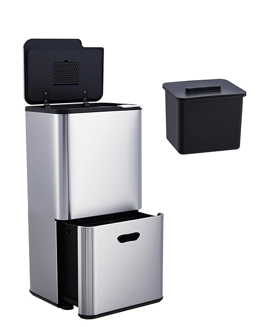 Garvee 16 Gal Dual Trash Can for Kitchen, 2 Compartment (33l + 28l) Garbage Can with Compost Bin, Stainless Steel Trash and Recycle Bin Combo with Removable Inner Bucket, Odor Control, Silver