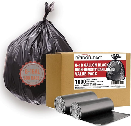 BEIDOU-PAC 8-10 Gallon Trash Bags, 1000 Count Bulk Value Pack, Black Garbage bags, Multi-purpose Trash Can Bin Liners for Bathroom, Office, Industrial, Commercial, Janitorial, Municipal, Recycling