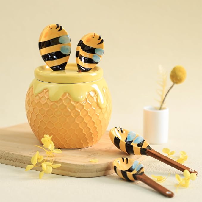 Sizikato 4pcs Porcelain Measuring Spoons with Base, Cute Ceramic Bee Spoons and Honeycomb Cup