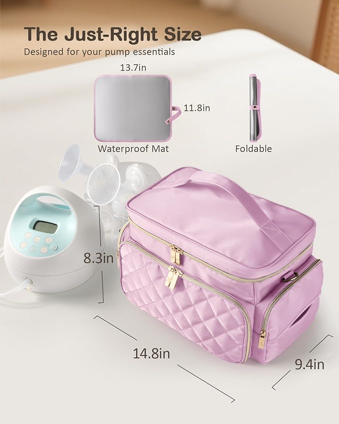 Breast Pump Bag Kit for Spectra S1/S2, Pumping Bag with Bottle Brush Set, 10Pcs Flange Inserts for 24mm Flange, Nipple Ruler, Waterproof Mat, Pump Carrying Case for Work Travel, Light Pink