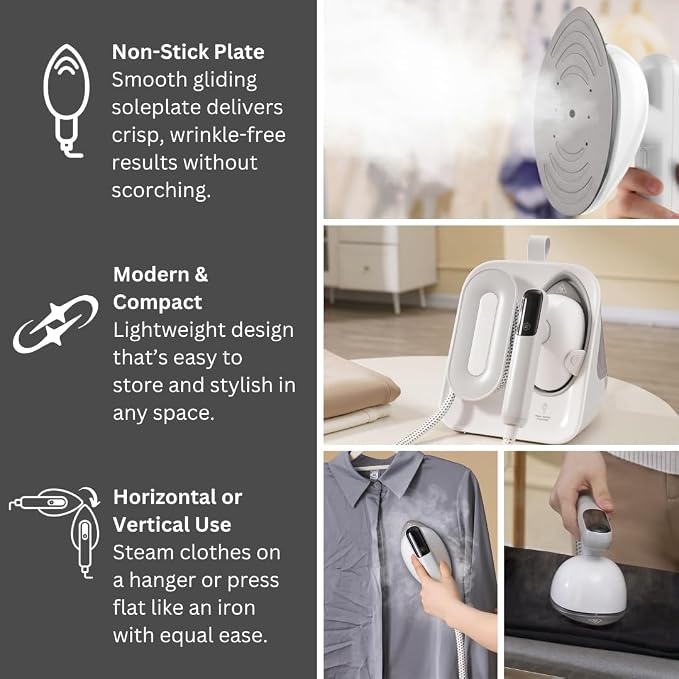Smart Steam – 2-in-1 Handheld Garment Steamer & Iron with 6ft Steam Hose, 7 Steam Levels, Digital Display, 1.1L Tank, Steam Burst, Auto-Off Safety, For Home & Upholstery