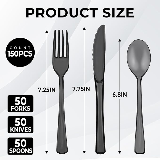 75 PCS Plastic Silverware Disposable Silverware Heavy Duty Utensil Sets 25 Of Each Forks Knives & Spoons Disposable Cutlery Set For Easter,Birthday,Baby Shower,Garden Party,Wedding(75,Black)